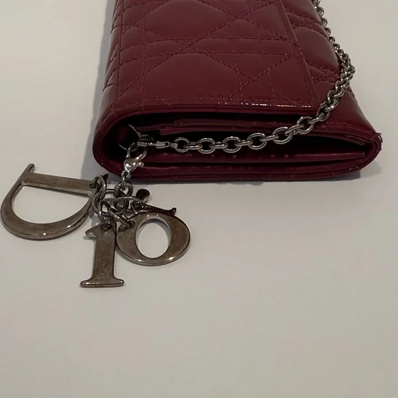Christian Lady Dior Fuchsia Patent Leather Cannage Rendezvous Wallet Chain WOC - Picture 4 of 11